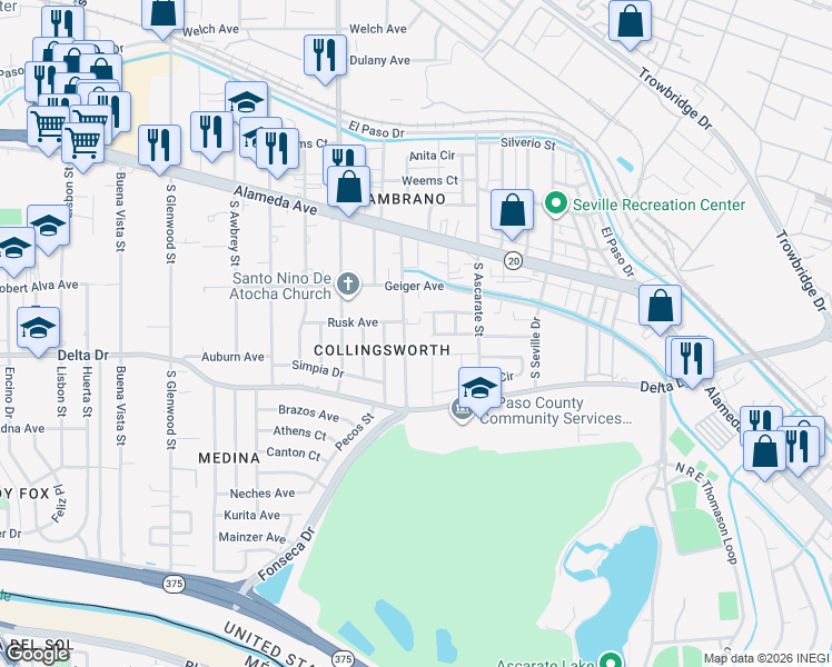 map of restaurants, bars, coffee shops, grocery stores, and more near 222 Cargill Street in El Paso