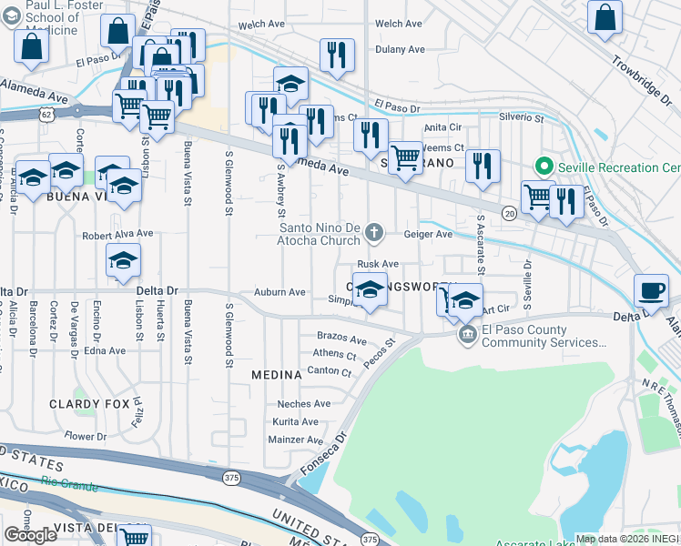 map of restaurants, bars, coffee shops, grocery stores, and more near 237 South Maryland Street in El Paso