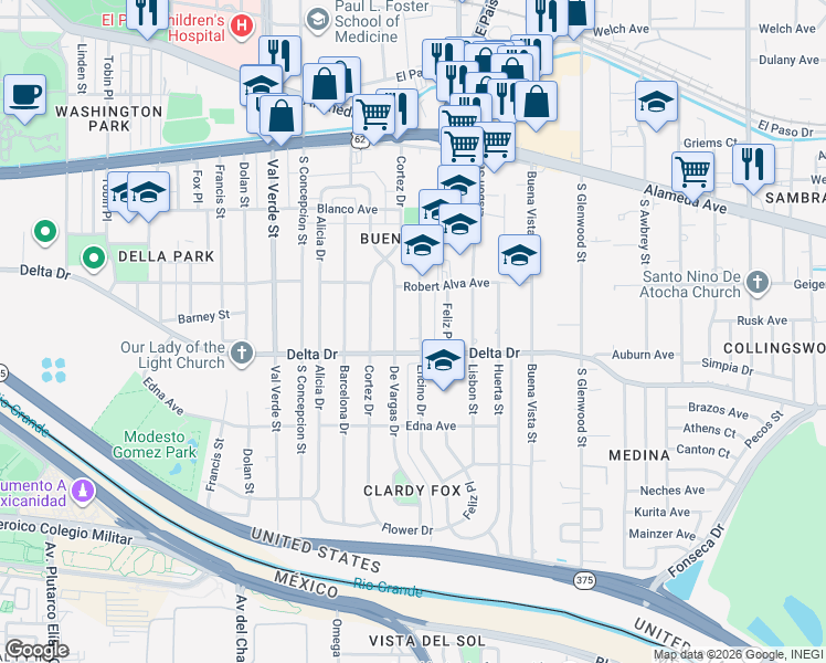 map of restaurants, bars, coffee shops, grocery stores, and more near 428 De Vargas Drive in El Paso