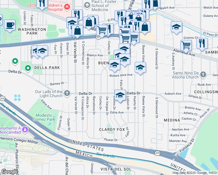 map of restaurants, bars, coffee shops, grocery stores, and more near 428 De Vargas Drive in El Paso
