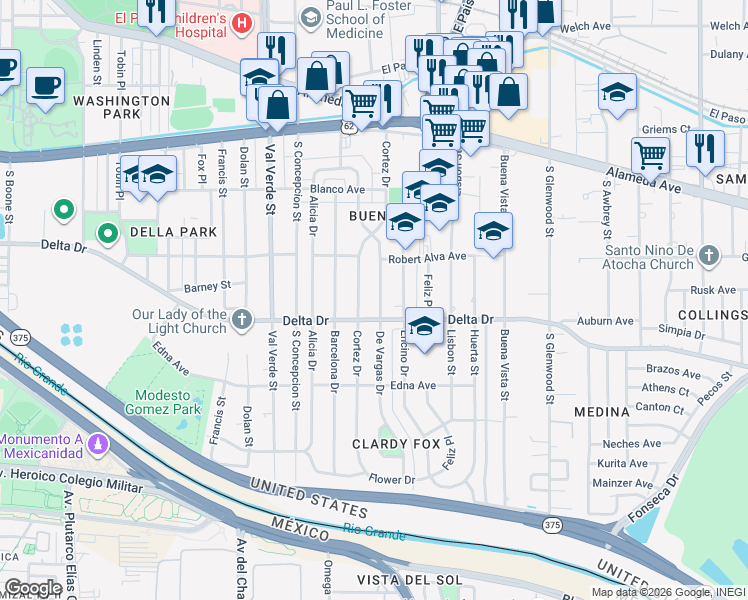 map of restaurants, bars, coffee shops, grocery stores, and more near 428 De Vargas Drive in El Paso