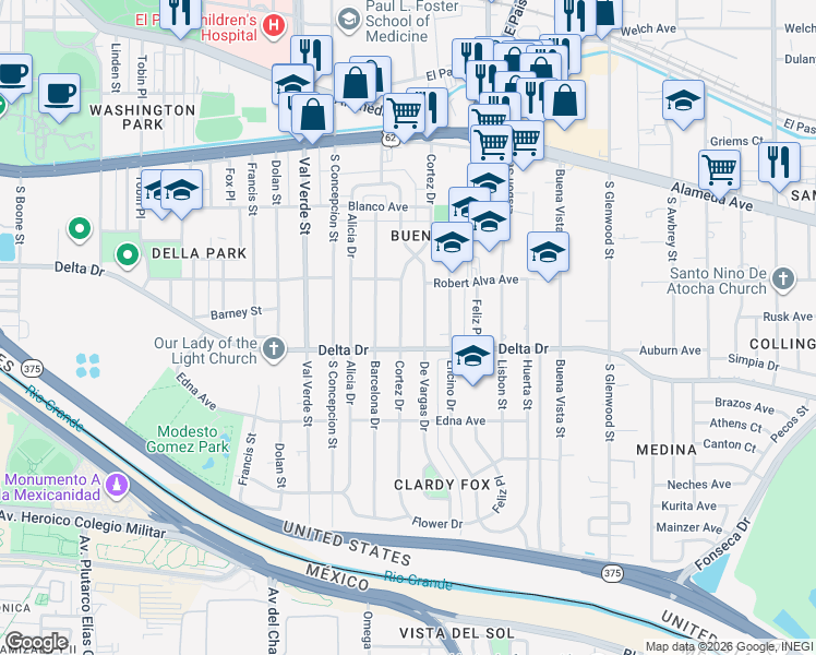 map of restaurants, bars, coffee shops, grocery stores, and more near 428 De Vargas Drive in El Paso
