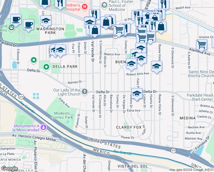 map of restaurants, bars, coffee shops, grocery stores, and more near 429 Alicia Drive in El Paso