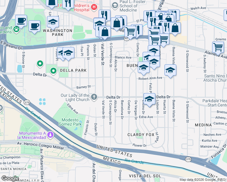 map of restaurants, bars, coffee shops, grocery stores, and more near 429 Alicia Drive in El Paso