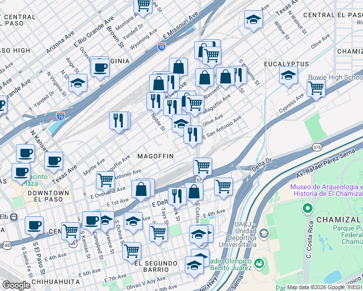 map of restaurants, bars, coffee shops, grocery stores, and more near 1415 East San Antonio Avenue in El Paso