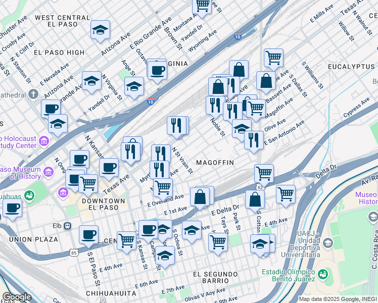 map of restaurants, bars, coffee shops, grocery stores, and more near 1010 Myrtle Avenue in El Paso