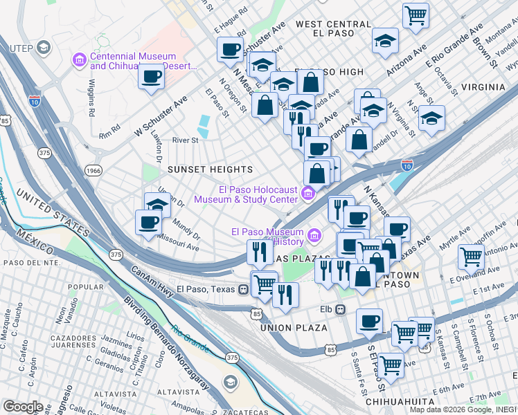 map of restaurants, bars, coffee shops, grocery stores, and more near in El Paso