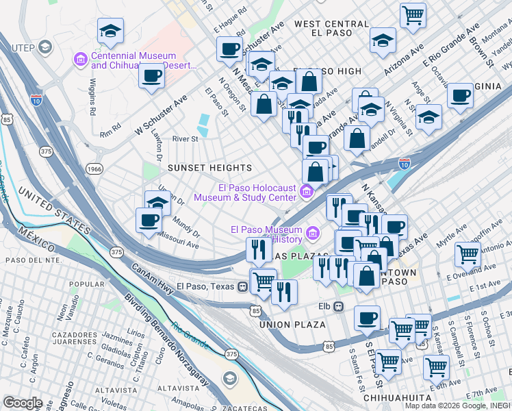 map of restaurants, bars, coffee shops, grocery stores, and more near in El Paso