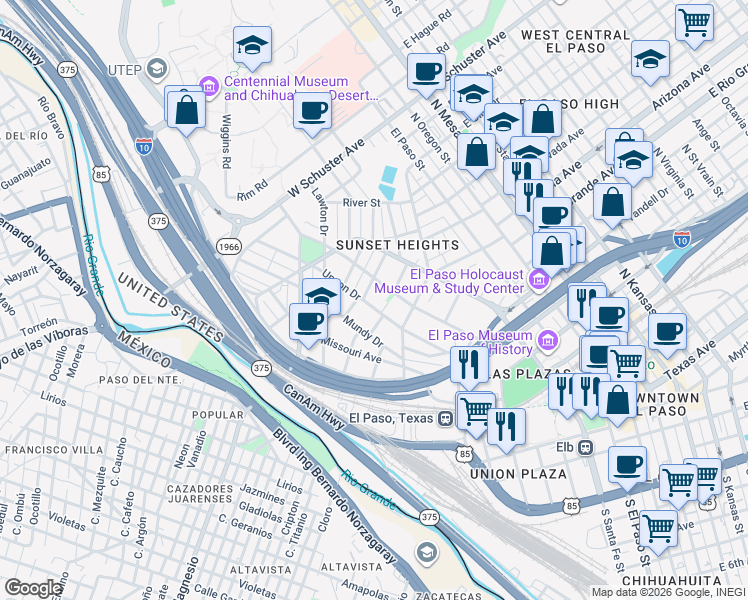 map of restaurants, bars, coffee shops, grocery stores, and more near in El Paso