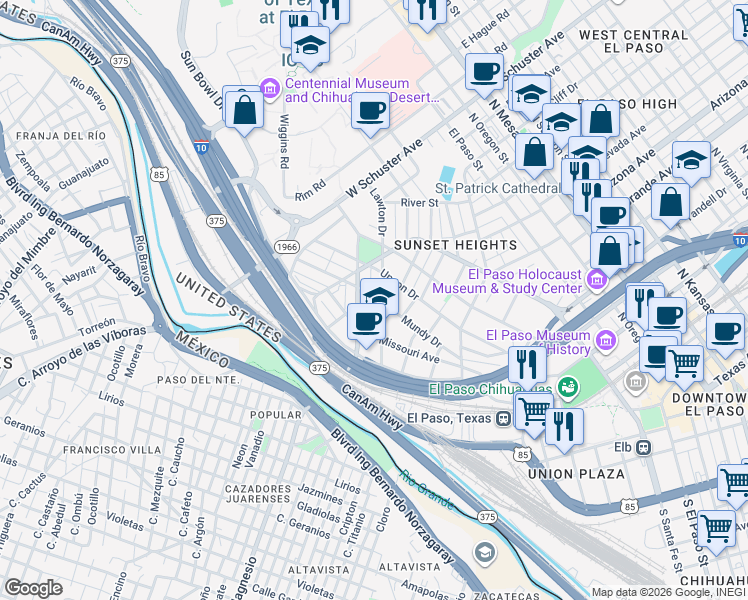 map of restaurants, bars, coffee shops, grocery stores, and more near 309 Lawton Drive in El Paso