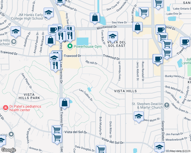 map of restaurants, bars, coffee shops, grocery stores, and more near 1633 Billy Casper Drive in El Paso