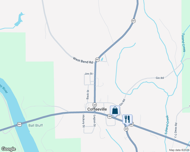 map of restaurants, bars, coffee shops, grocery stores, and more near Highway 69 in Coffeeville