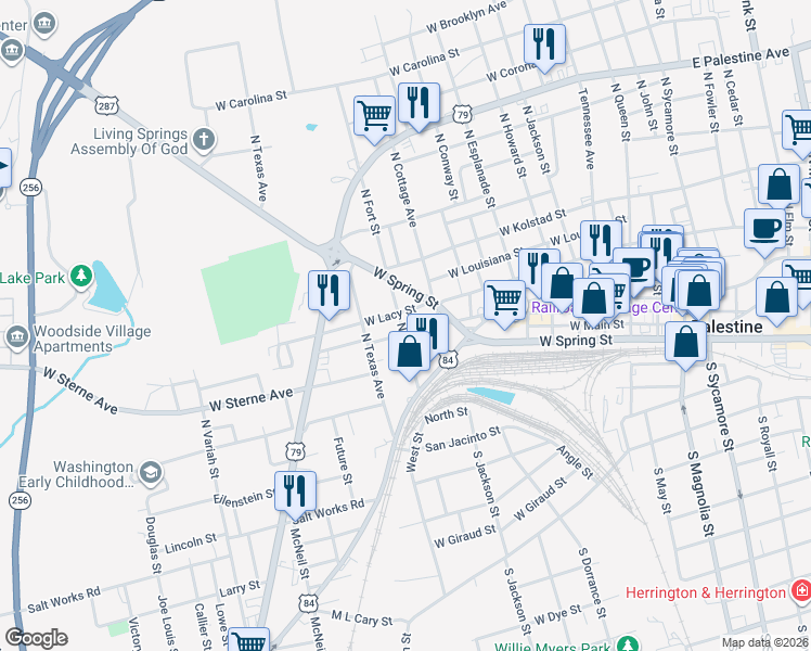 map of restaurants, bars, coffee shops, grocery stores, and more near 1212 West Lacy Street in Palestine