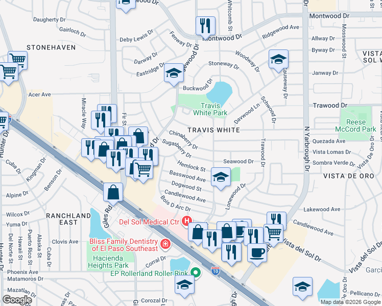 map of restaurants, bars, coffee shops, grocery stores, and more near 10301 Sugarberry Drive in El Paso