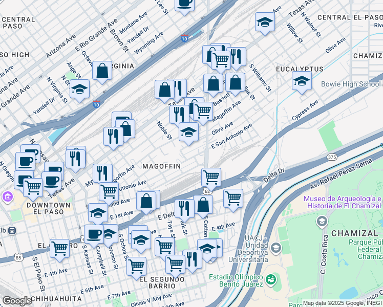 map of restaurants, bars, coffee shops, grocery stores, and more near 1415 East San Antonio Avenue in El Paso