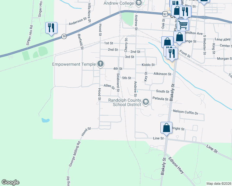 map of restaurants, bars, coffee shops, grocery stores, and more near 210 Allen Street in Cuthbert
