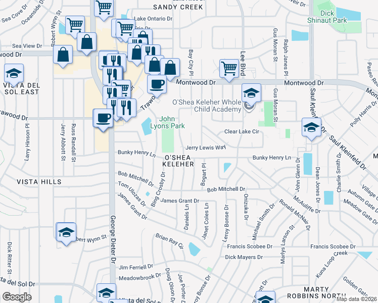 map of restaurants, bars, coffee shops, grocery stores, and more near 11510 Jerry Lewis Way in El Paso