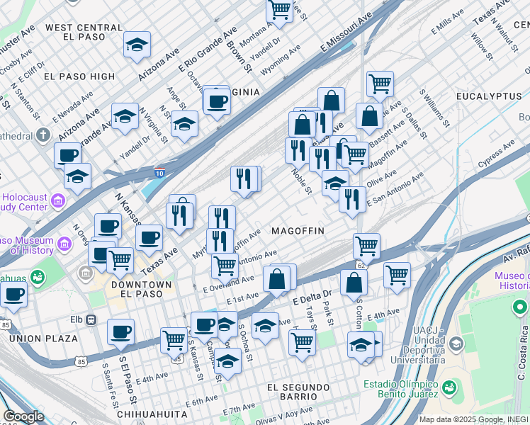 map of restaurants, bars, coffee shops, grocery stores, and more near 900 Myrtle Avenue in El Paso