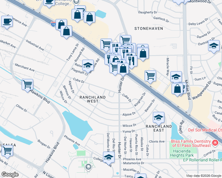 map of restaurants, bars, coffee shops, grocery stores, and more near 7407 Cuba Drive in El Paso