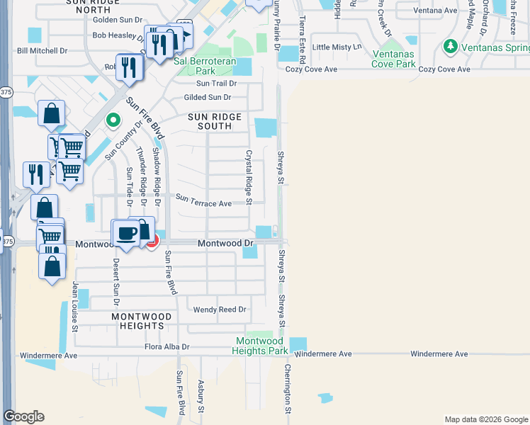 map of restaurants, bars, coffee shops, grocery stores, and more near 1917 Sun Chariot Street in El Paso