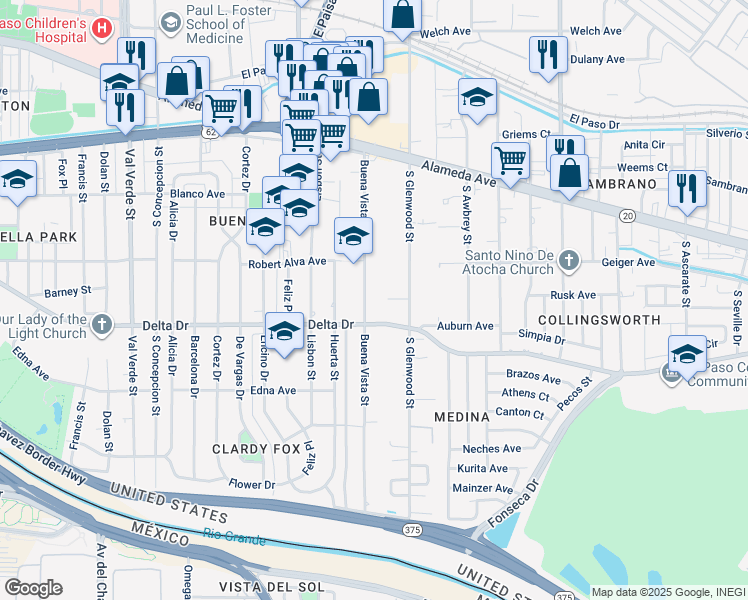 map of restaurants, bars, coffee shops, grocery stores, and more near 218 Buena Vista Street in El Paso