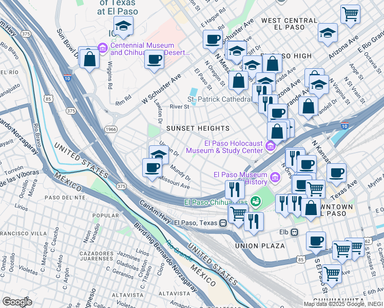 map of restaurants, bars, coffee shops, grocery stores, and more near in El Paso