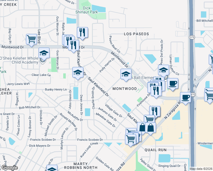 map of restaurants, bars, coffee shops, grocery stores, and more near 11929 Pueblo Dormido Way in El Paso