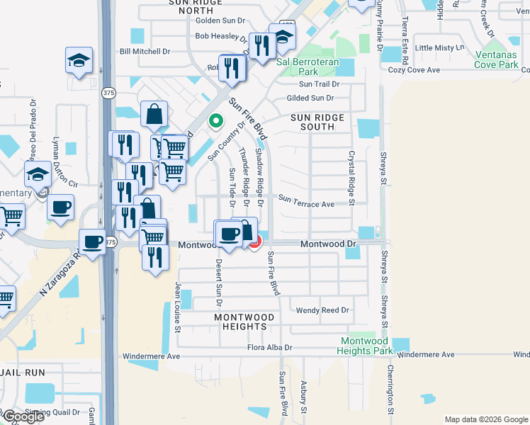 map of restaurants, bars, coffee shops, grocery stores, and more near 1924 Shadow Ridge Drive in El Paso