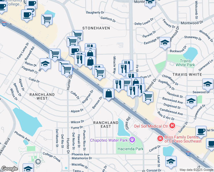 map of restaurants, bars, coffee shops, grocery stores, and more near 9515 Gateway Boulevard West in El Paso