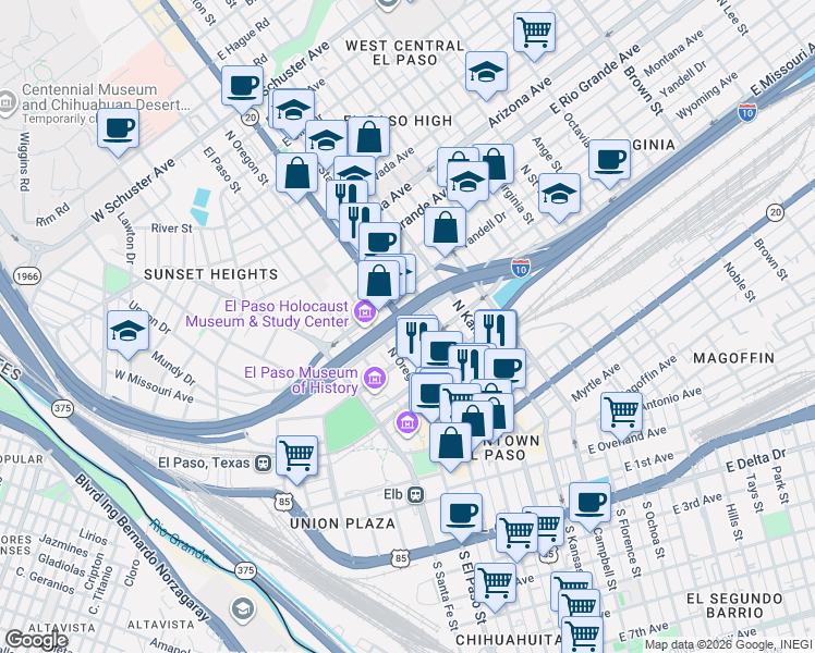 map of restaurants, bars, coffee shops, grocery stores, and more near 612 N Mesa St in El Paso