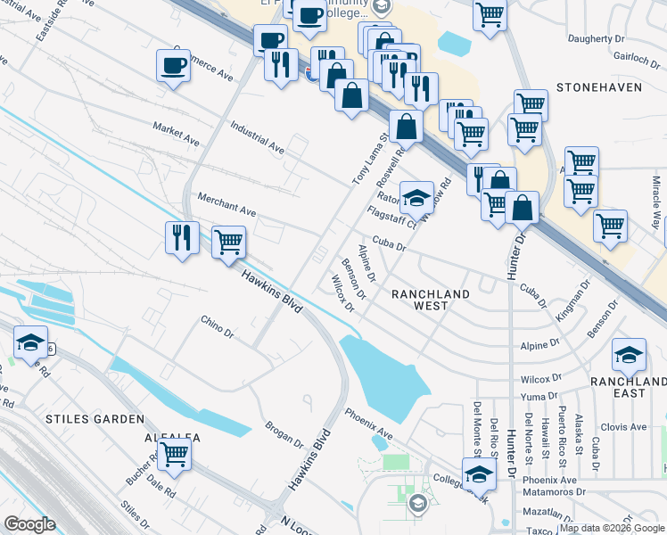 map of restaurants, bars, coffee shops, grocery stores, and more near 7201 Wilcox Drive in El Paso