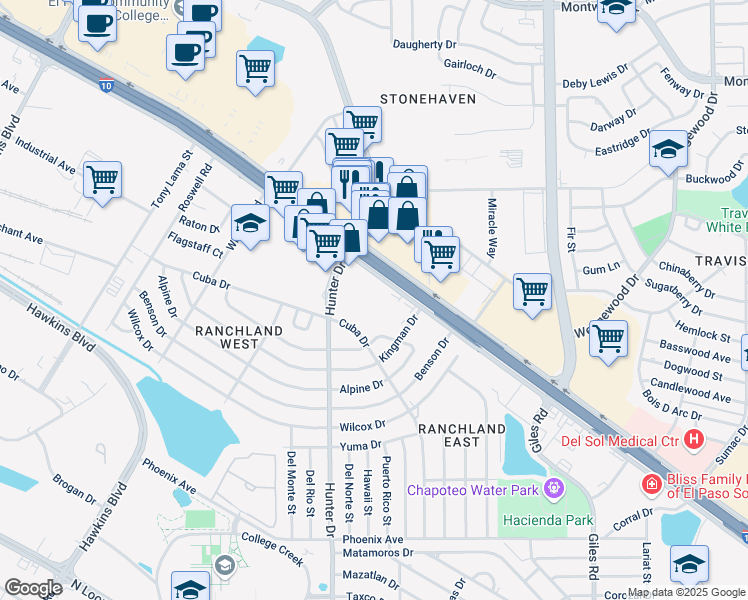 map of restaurants, bars, coffee shops, grocery stores, and more near 7564 Gateway Boulevard West in El Paso