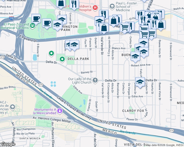 map of restaurants, bars, coffee shops, grocery stores, and more near 415 Dolan Street in El Paso
