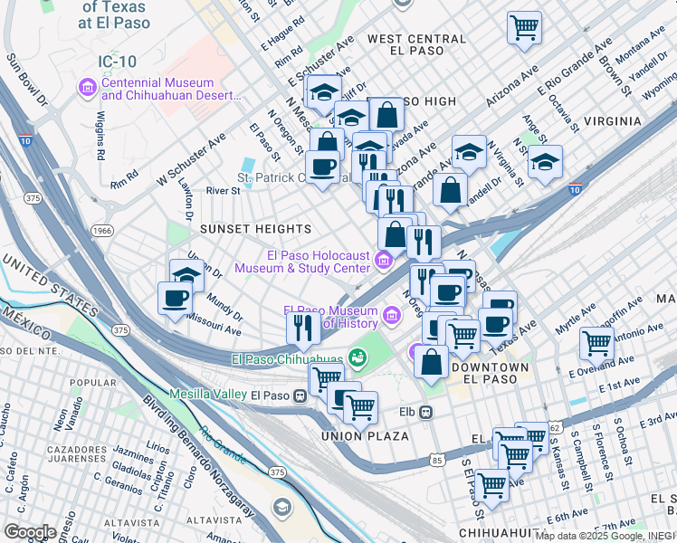 map of restaurants, bars, coffee shops, grocery stores, and more near 415 West Yandell Drive in El Paso