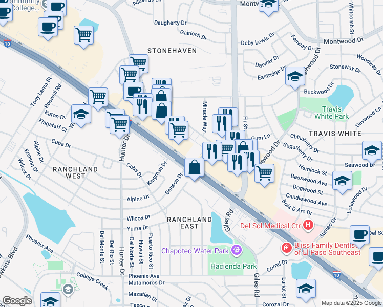 map of restaurants, bars, coffee shops, grocery stores, and more near 9515 Gateway Boulevard West in El Paso