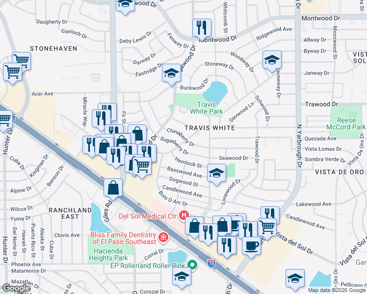 map of restaurants, bars, coffee shops, grocery stores, and more near 10301 Sugarberry Drive in El Paso