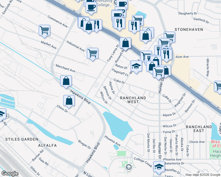 map of restaurants, bars, coffee shops, grocery stores, and more near 7212 Alpine Drive in El Paso