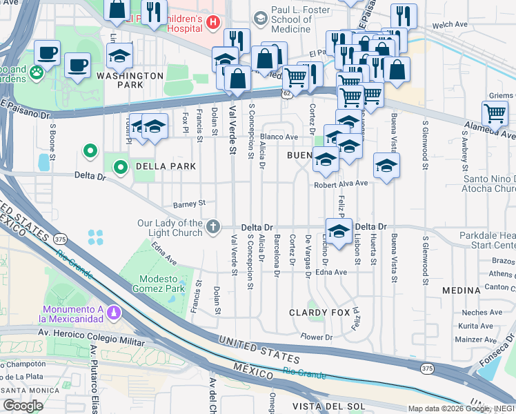 map of restaurants, bars, coffee shops, grocery stores, and more near 429 Alicia Drive in El Paso