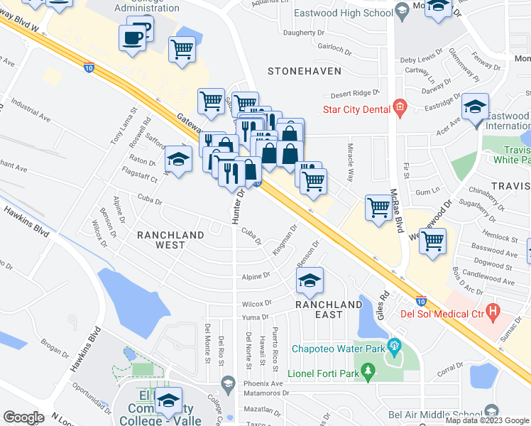 map of restaurants, bars, coffee shops, grocery stores, and more near 7564 Gateway Boulevard West in El Paso