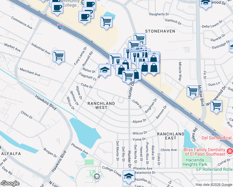 map of restaurants, bars, coffee shops, grocery stores, and more near 7407 Cuba Drive in El Paso