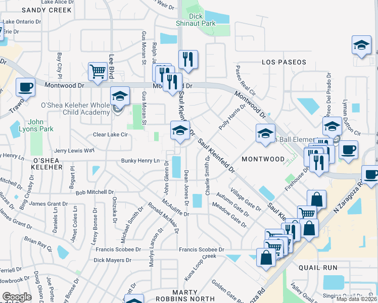 map of restaurants, bars, coffee shops, grocery stores, and more near 1848 Dean Jones Drive in El Paso