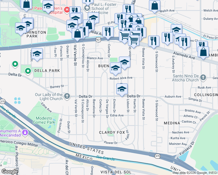 map of restaurants, bars, coffee shops, grocery stores, and more near 428 De Vargas Drive in El Paso