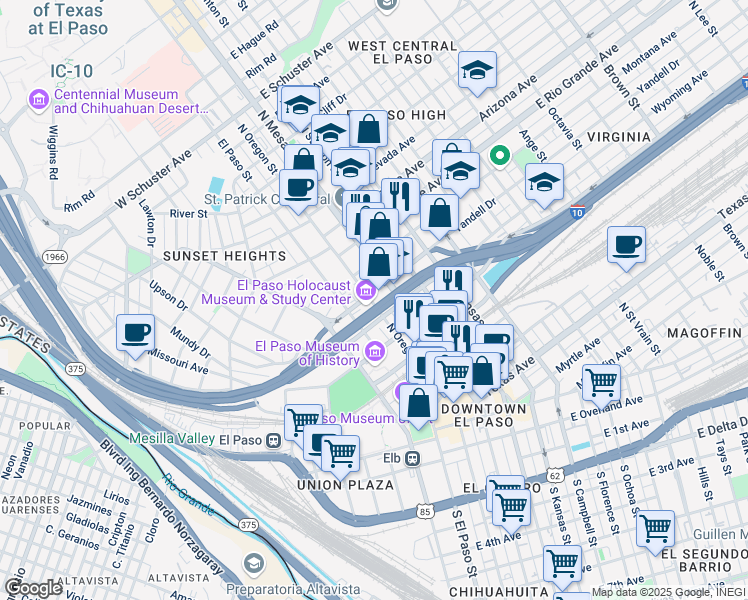 map of restaurants, bars, coffee shops, grocery stores, and more near 108 Yandell Drive in El Paso