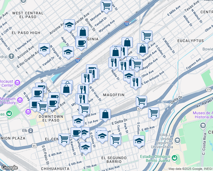 map of restaurants, bars, coffee shops, grocery stores, and more near 1010 Myrtle Avenue in El Paso