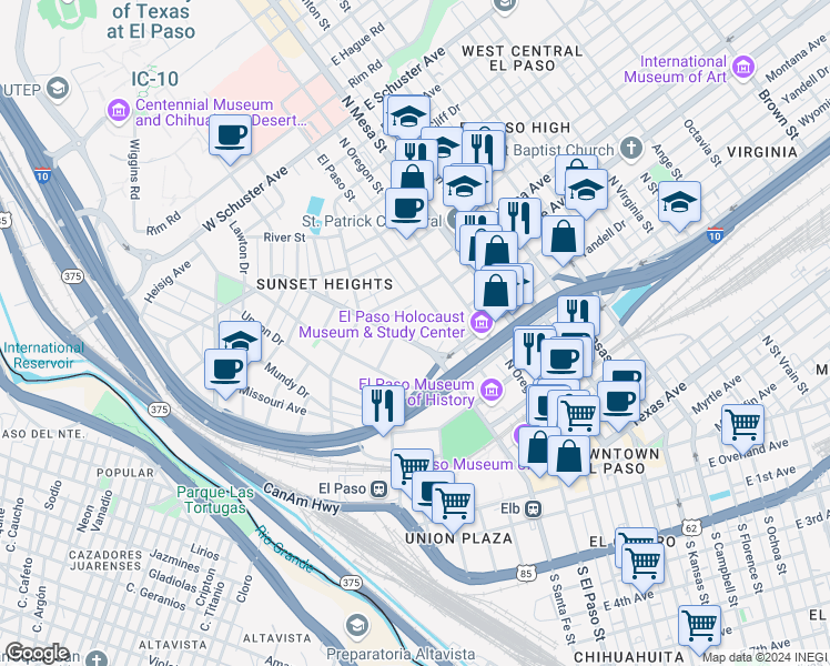 map of restaurants, bars, coffee shops, grocery stores, and more near 415 West Yandell Drive in El Paso