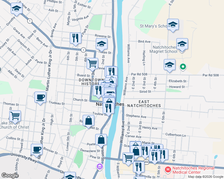 map of restaurants, bars, coffee shops, grocery stores, and more near 720-798 Washington St in Natchitoches