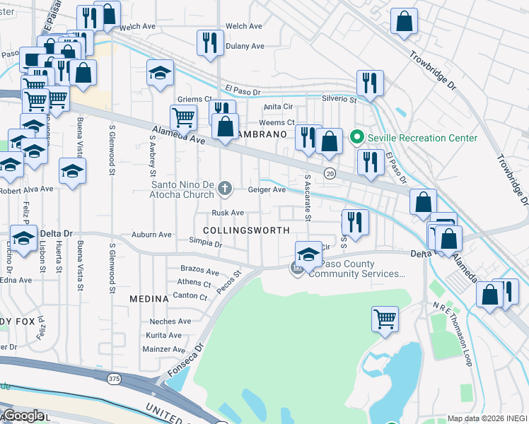 map of restaurants, bars, coffee shops, grocery stores, and more near 222 Cargill Street in El Paso
