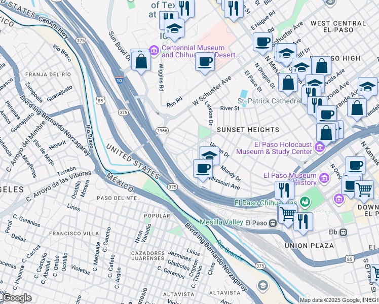 map of restaurants, bars, coffee shops, grocery stores, and more near 1400 West Yandell Drive in El Paso