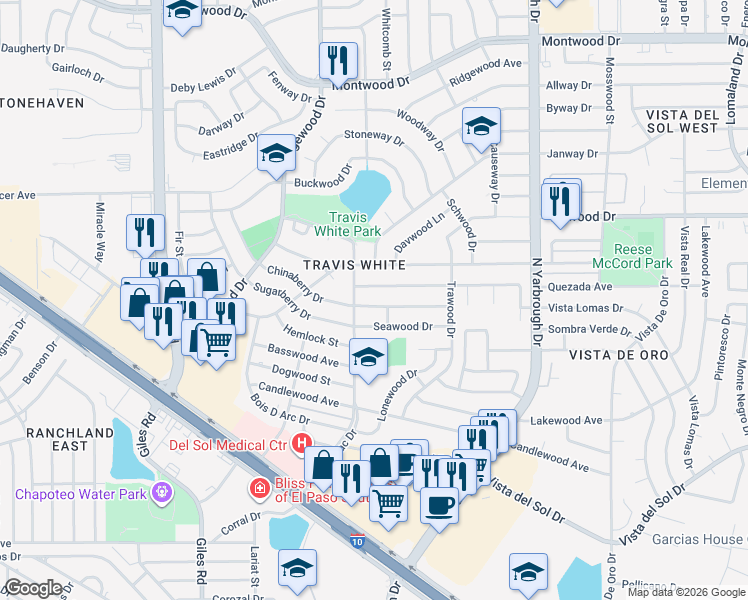 map of restaurants, bars, coffee shops, grocery stores, and more near 10425 Chinaberry Drive in El Paso
