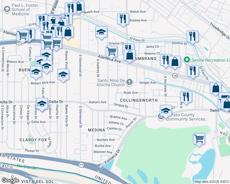 map of restaurants, bars, coffee shops, grocery stores, and more near 237 South Maryland Street in El Paso